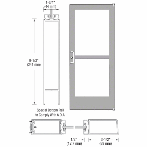 CRL-U.S. Aluminum 1CZ42211LA36 Clear Anodized 400 Series Medium Stile Active Leaf of Pair 3'0 x 7'0 Offset Hung with Pivots for Surf Mount Closer Complete Panic Door for 1" Glass with Standard Panic and 9-1/2" Bottom Rail