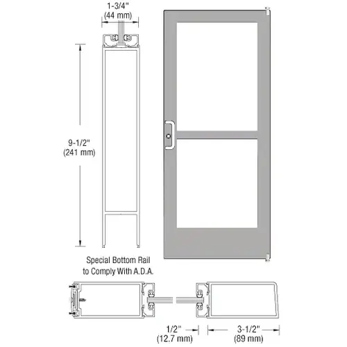 CRL-U.S. Aluminum 1CZ42211LA36 Clear Anodized 400 Series Medium Stile Active Leaf of Pair 3'0 x 7'0 Offset Hung with Pivots for Surf Mount Closer Complete Panic Door for 1" Glass with Standard Panic and 9-1/2" Bottom Rail