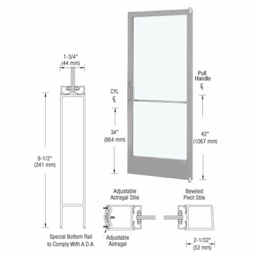 Clear Anodized 250 Series Narrow Stile Active Leaf of Pair 3'0 x 7'0 Offset Hung with Pivots for Surface Mount Closer Complete ADA Door with Lock Indicator, Cylinder Guard - for 1" Glazing