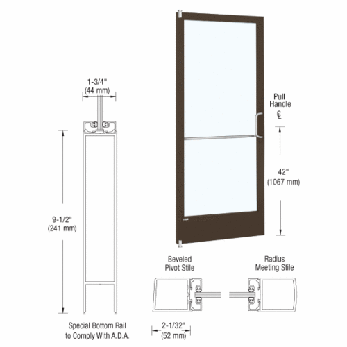 Bronze Black Anodized 250 Series Narrow Stile Inactive Leaf of Pair 3'0 x 7'0 Offset Hung with Pivots for Surface Mount Closer Complete ADA Door with Lock Indicator, Cylinder Guard - for 1/4" Glazing
