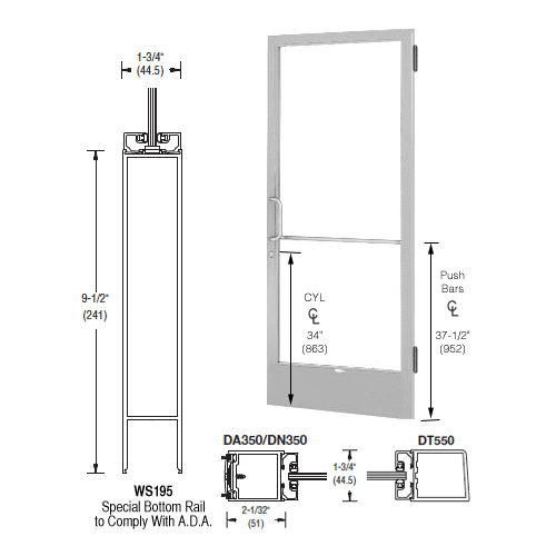 CRL-U.S. Aluminum 1CD22511LA36 Clear Anodized 250 Series Narrow Stile Active Leaf of Pair 3'0 x 7'0 Offset Hung with Butt Hinges for Surface Mount Closer Complete ADA Door with Lock Indicator, Cylinder Guard - for 1" Glazing