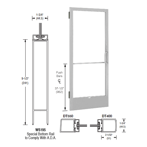 CRL-U.S. Aluminum 1CD22511R136 Clear Anodized 250 Series Narrow Stile Inactive Leaf of Pair 3'0 x 7'0 Offset Hung with Butt Hinges for Surface Mount Closer Complete ADA Door with Lock Indicator, Cylinder Guard - for 1" Glazing