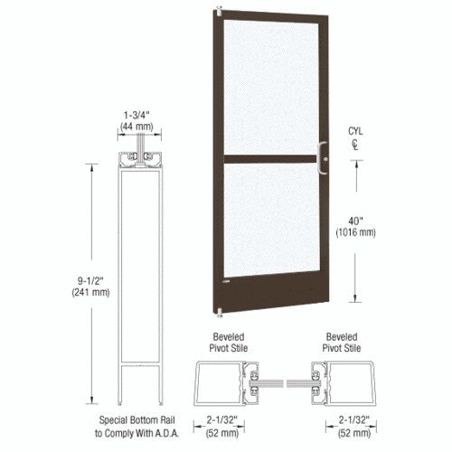 CRL-U.S. Aluminum 1CZ21222R036 Bronze Black Anodized 250 Series Narrow Stile (LHR) HLSO Single 3' x 7' Offset Hung with Pivots for Surf Mount Closer Complete Panic Door for 1" Glass with Standard Panic and 9-1/2" Bottom Rail