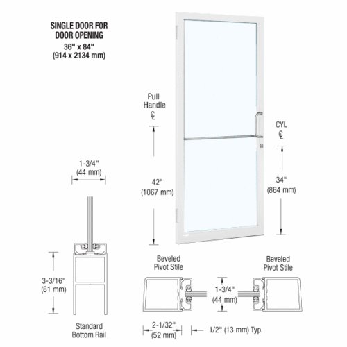 CRL-U.S. Aluminum 1DC21552R036 White KYNAR Paint 250 Series Narrow Stile (LHR) HLSO Single 3'0 x 7'0 Offset Hung with Butt Hinges for Surf Mount Closer Complete Door for 1" Glass with Standard MS Lock and Bottom Rail