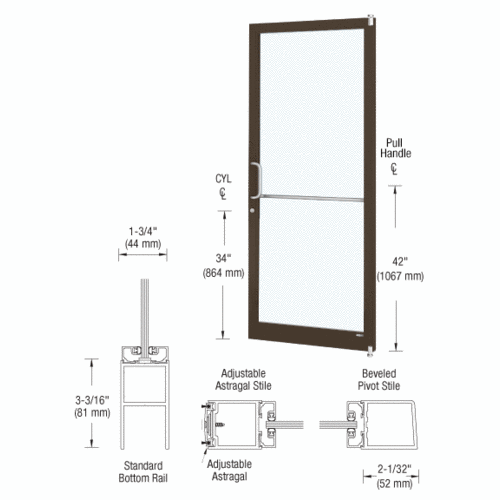 CRL-U.S. Aluminum 1DC22222LA36 Bronze Black Anodized 250 Series Narrow Stile Active Leaf of Pair 3'0 x 7'0 Offset Hung with Pivots for Surf Mount Closer Complete Door for 1" Glass with Standard MS Lock and Bottom Rail