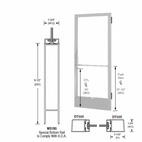 CRL-U.S. Aluminum 1DE21511L036 Clear Anodized 250 Series Narrow Stile (RHR) HRSO Single 3'0 x 7'0 Offset Hung with Butt Hinges for Surf Mount Closer Complete Door for 1" Glass with Standard MS Lock and Bottom Rail