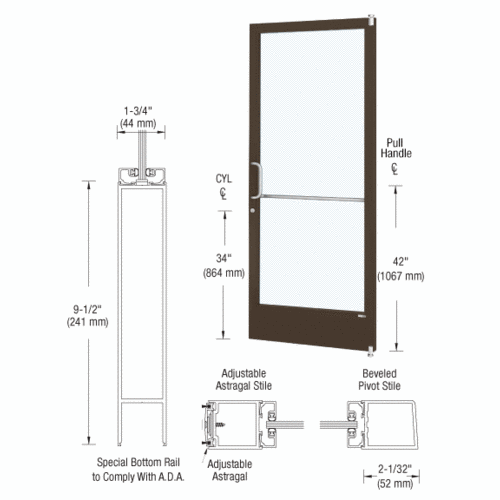 CRL-U.S. Aluminum 1CD22222LA36 Bronze Black Anodized 250 Series Narrow Stile Active Leaf of Pair 3'0 x 7'0 Offset Hung with Pivots for Surface Mount Closer Complete ADA Door with Lock Indicator, Cylinder Guard - for 1" Glazing