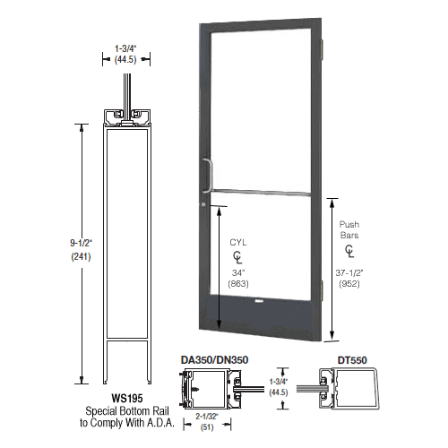Bronze Black Anodized 250 Series Narrow Stile Active Leaf of Pair 3'0 x 7'0 Offset Hung with Butt Hinges for Surf Mount Closer Complete Door Std. Lock and 9-1/2" Bottom Rail for 1" Glass with Standard MS Lock and Bottom Rail