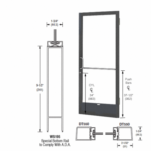 CRL-U.S. Aluminum 1DE21522L036 Bronze Black Anodized 250 Series Narrow Stile (RHR) HRSO Single 3'0 x 7'0 Offset Hung with Butt Hinges for Surf Mount Closer Complete Door Std. Lock and 9-1/2" Bottom Rail for 1" Glass with Standard MS Lock and Bottom Rail