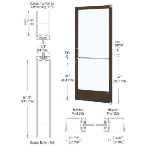 CRL-U.S. Aluminum CD21122L036105 Bronze Black Anodized 250 Series Narrow Stile (RHR) HRSO Single 3'0 x 7'0 Offset Hung with Offset Pivots for OHCC 105 degree Closer Complete ADA Door(s) with Lock Indicator, Cyl Guard