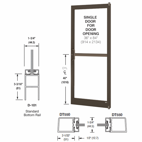 Bronze Black Anodized 250 Series Narrow Stile (RHR) HRSO Single 3'0 x 7'0 Offset Hung with Pivots for Surf Mount Closer Complete Panic Door for 1" Glass with Standard MS Lock and Bottom Rail
