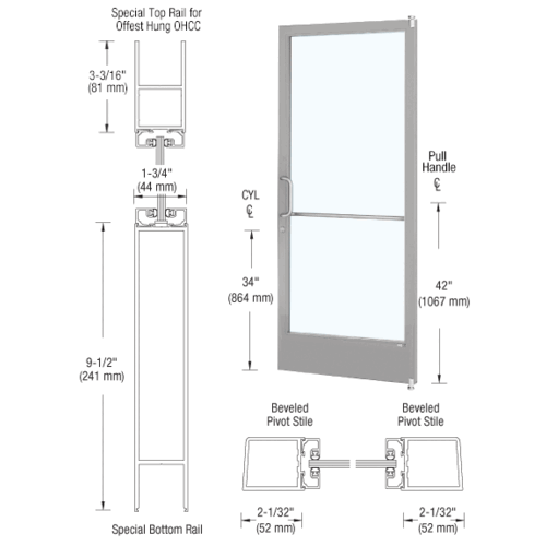 CRL-U.S. Aluminum CD21111L036105 Clear Anodized 250 Series Narrow Stile (RHR) HRSO Single 3'0 x 7'0 Offset Hung with Offset Pivots for OHCC 105 degree Closer Complete ADA Door(s) with Lock Indicator, Cyl Guard
