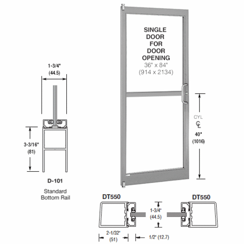 CRL-U.S. Aluminum 1DZ21211R036 Clear Anodized 250 Series Narrow Stile (LHR) HLSO Single 3'0 x 7'0 Offset Hung with Pivots for Surf Mount Closer Complete Panic Door for 1" Glass with Standard MS Lock and Bottom Rail