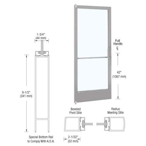 CRL-U.S. Aluminum 1CD22211R136 Clear Anodized 250 Series Narrow Stile Inactive Leaf of Pair 3'0 x 7'0 Offset Hung with Pivots for Surface Mount Closer Complete ADA Door with Lock Indicator, Cylinder Guard - for 1" Glazing