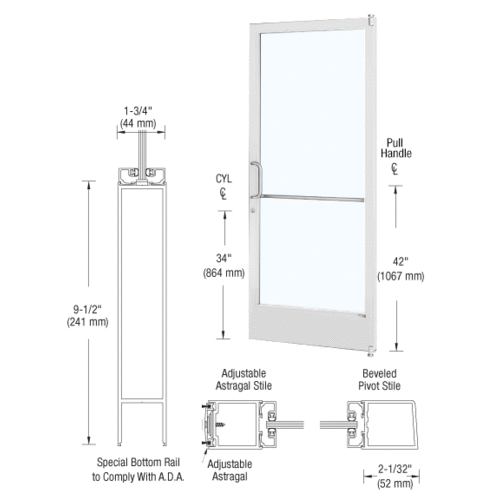 White KYNAR Paint 250 Series Narrow Stile Active Leaf of Pair 3'0 x 7'0 Offset Hung with Pivots for Surface Mount Closer Complete ADA Door with Lock Indicator, Cylinder Guard - for 1/4" Glazing