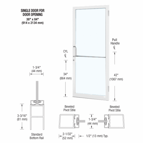 CRL-U.S. Aluminum 1DC21552L036 White KYNAR Paint 250 Series Narrow Stile (RHR) HRSO Single 3'0 x 7'0 Offset Hung with Butt Hinges for Surf Mount Closer Complete Door for 1" Glass with Standard MS Lock and Bottom Rail