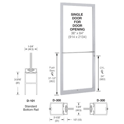 White KYNAR Paint 250 Series Narrow Stile (LHR) HLSO Single 3'0 x 7'0 Center Hung for OHCC w/Standard Push Bars Complete Door Std. MS Lock & Bottom Rail