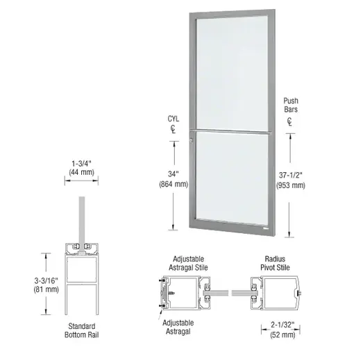 CRL-U.S. Aluminum DC22711LA36 Clear Anodized 250 Series Narrow Stile Active Leaf of Pair 3'0 x 7'0 Center Hung for OHCC w/Standard Push Bars Complete Door Std. MS Lock & Bottom Rail