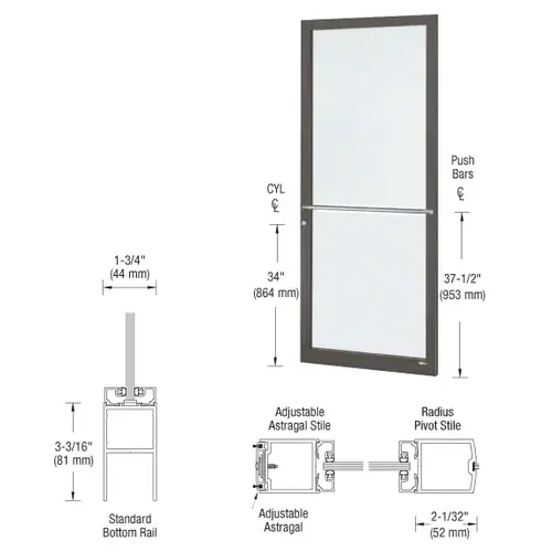 CRL-U.S. Aluminum DC22722LA36 Bronze Black Anodized 250 Series Narrow Stile Active Leaf of Pair 3'0 x 7'0 Center Hung for OHCC w/Standard Push Bars Complete Door Std. MS Lock & Bottom Rail