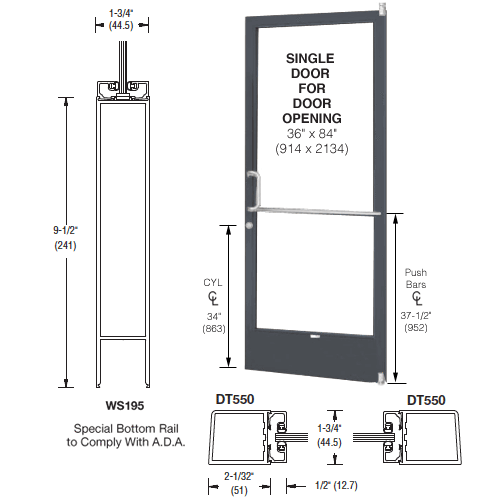 Bronze Black Anodized 250 Series Narrow Stile (RHR) HRSO Single 3'0 x 7'0 Offset Hung with Pivots for Surf Mount Closer Complete Door for 1" Glass with Standard MS Lock and Bottom Rail