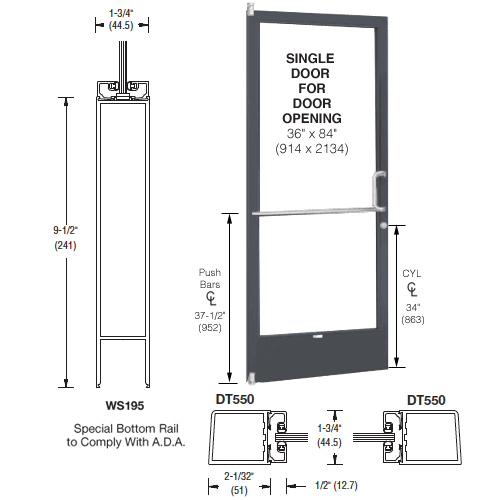CRL-U.S. Aluminum 1DE21222R036 Bronze Black Anodized 250 Series Narrow Stile (LHR) HLSO Single 3'0 x 7'0 Offset Hung with Pivots for Surf Mount Closer Complete Door for 1" Glass with Standard MS Lock and Bottom Rail