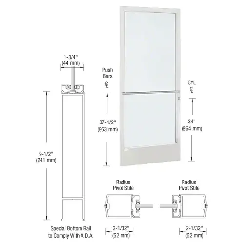 CRL-U.S. Aluminum DE21752R036 White KYNAR Paint 250 Series Narrow Stile (LHR) HLSO Single 3'0 x 7'0 Center Hung for OHCC w/Standard Push Bars Complete Door Std. Lock and 9-1/2" Bottom Rail