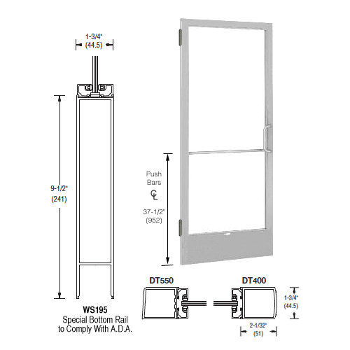 CRL-U.S. Aluminum DE22511R136 Clear Anodized 250 Series Narrow Stile Inactive Leaf of Pair 3'0 x 7'0 Offset Hung with Butt Hinges for Surf Mount Closer Complete Door Std. Lock and 9-1/2" Bottom Rail for 1/4" Glass with Standard MS Lock and Bottom Rail