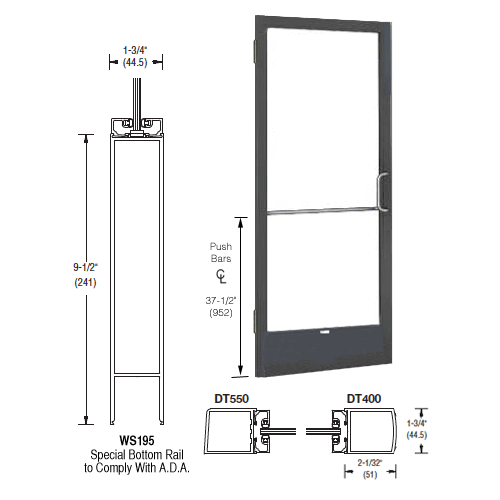 Bronze Black Anodized 250 Series Narrow Stile Inactive Leaf of Pair 3'0 x 7'0 Offset Hung with Butt Hinges for Surf Mount Closer Complete Door Std. Lock and 9-1/2" Bottom Rail for 1" Glass with Standard MS Lock and Bottom Rail