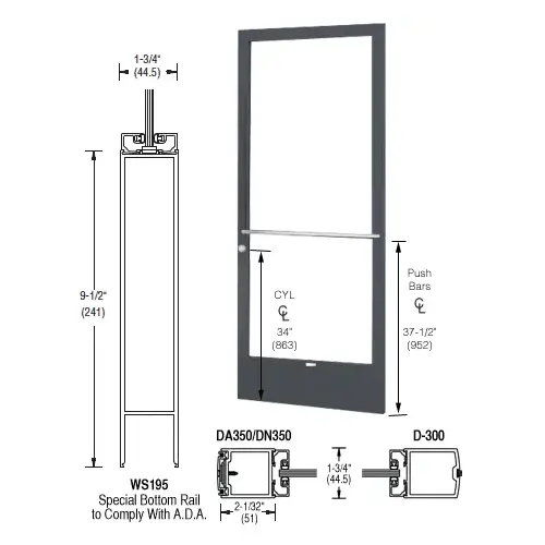 CRL-U.S. Aluminum DE22722LA36 Bronze Black Anodized 250 Series Narrow Stile Active Leaf of Pair 3'0 x 7'0 Center Hung for OHCC w/Standard Push Bars Complete Door Std. Lock and 9-1/2" Bottom Rail