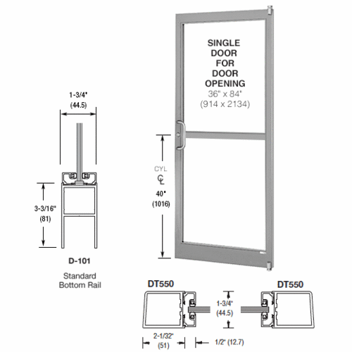 Clear Anodized 250 Series Narrow Stile (RHR) HRSO Single 3'0 x 7'0 Offset Hung with Pivots for Surf Mount Closer Complete Panic Door for 1" Glass with Standard MS Lock and Bottom Rail