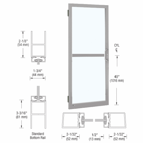 Clear Anodized 250 Series Narrow Stile (LHR) HLSO Single 3'0 x 7'0 Offset Hung with Butt Hinges for Surf Mount Closer Complete Panic Door for 1" Glass with Standard MS Lock and Bottom Rail