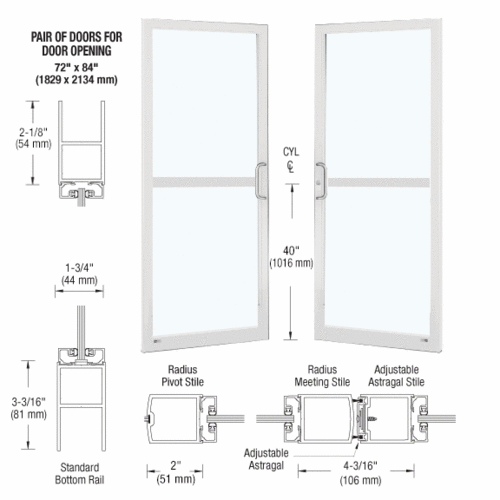 CRL-U.S. Aluminum DZ22752 White KYNAR Paint Custom Pair Series 250 Narrow Stile Center Pivot Entrance Doors for Panics and Overhead Concealed Door Closers