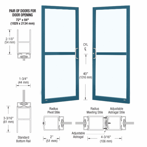 Custom KYNAR Paint Custom Pair Series 250 Narrow Stile Center Pivot Entrance Doors for Panics and Overhead Concealed Door Closers