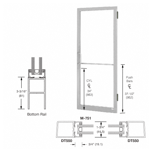 CRL-U.S. Aluminum LE21511L036 Clear Anodized 250 Series Narrow Stile (RHR) HRSO Single 3'0 x 7'0 Offset Hung with Butt Hinges for Surf Mount Closer Complete Door Std. MS Lock and Std. Bottom Rail