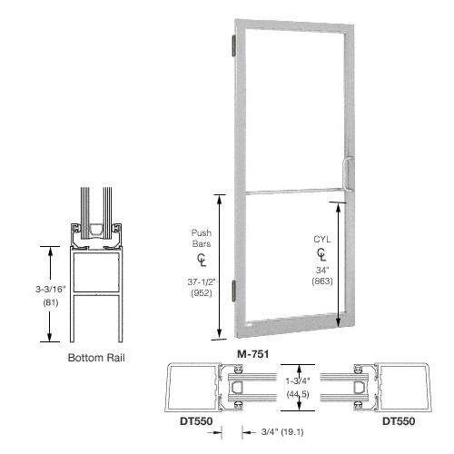 CRL-U.S. Aluminum LE21511R036 Clear Anodized 250 Series Narrow Stile (LHR) HLSO Single 3'0 x 7'0 Offset Hung with Butt Hinges for Surf Mount Closer Complete Door Std. MS Lock and Std. Bottom Rail