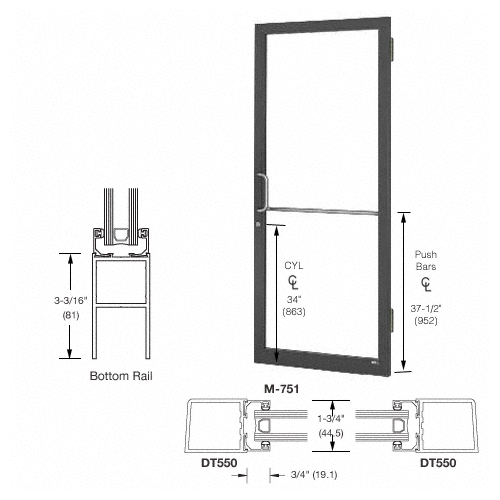 CRL-U.S. Aluminum LE21522L036 Bronze Black Anodized 250 Series Narrow Stile (RHR) HRSO Single 3'0 x 7'0 Offset Hung with Butt Hinges for Surf Mount Closer Complete Door Std. MS Lock and Std. Bottom Rail