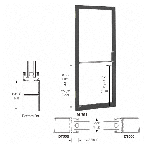 CRL-U.S. Aluminum LE21522R036 Bronze Black Anodized 250 Series Narrow Stile (LHR) HLSO Single 3'0 x 7'0 Offset Hung with Butt Hinges for Surf Mount Closer Complete Door Std. MS Lock and Std. Bottom Rail