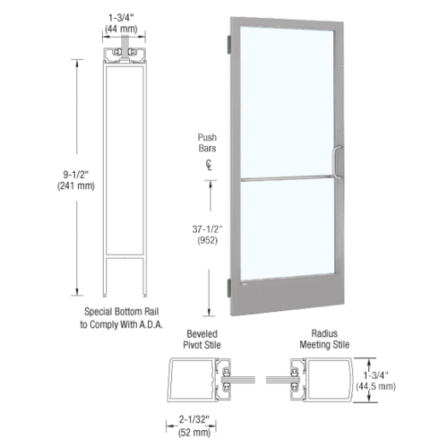 Clear Anodized 250 Series Narrow Stile Inactive Leaf of Pair 3'0 x 7'0 Offset Hung with Butt Hinges for Surf Mount Closer Complete Door Std. Lock and 9-1/2" Bottom Rail for 1" Glass with Standard MS Lock and Bottom Rail