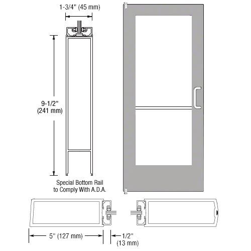 CRL-U.S. Aluminum 1DE52211R136 Clear Anodized 550 Series Wide Stile Inactive Leaf of Pair 3'0 x 7'0 Offset Hung with Pivots for Surf Mount Closer Complete Door Std. Lock and 9-1/2" Bottom Rail for 1" Glass with Standard MS Lock and Bottom Rail