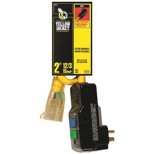 YELLOW JACKET 2877 2 ft. 12/3 SJTW Right Angle GFCI Heavy-Duty Extension Cord with Power Light Plug Yellow