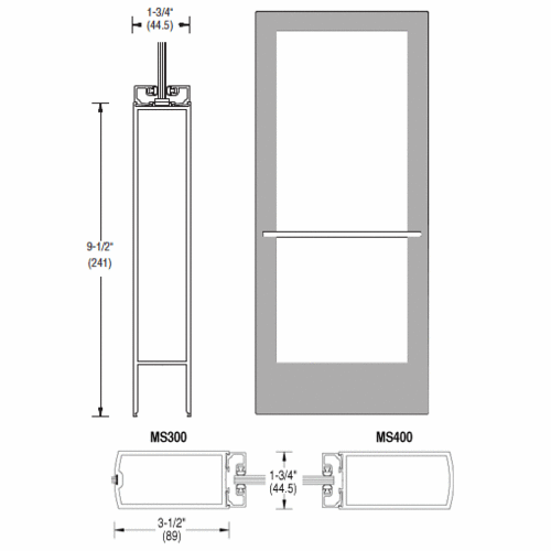 CRL-U.S. Aluminum DE42711R136 Clear Anodized 400 Series Medium Stile Inactive Leaf of Pair 3'0 x 7'0 Center Hung for OHCC w/Standard Push Bars Complete Door Std. Lock & 9-1/2" Bottom Rail