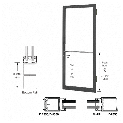 CRL-U.S. Aluminum LE22522LA36 Bronze Black Anodized 250 Series Narrow Stile Active Leaf of Pair 3'0 x 7'0 Offset Hung with Butt Hinges for Surf Mount Closer Complete Door Std. MS Lock & Std. Bottom Rail