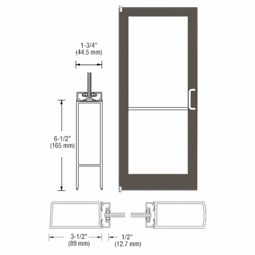 Bronze Black Anodized 400 Series Medium Stile Inactive Leaf of Pair 3'0 x 7'0 Offset Hung with Pivots for Surface Mount Closer Complete Door for 1" Glass with Standard MS Lock and Bottom Rail