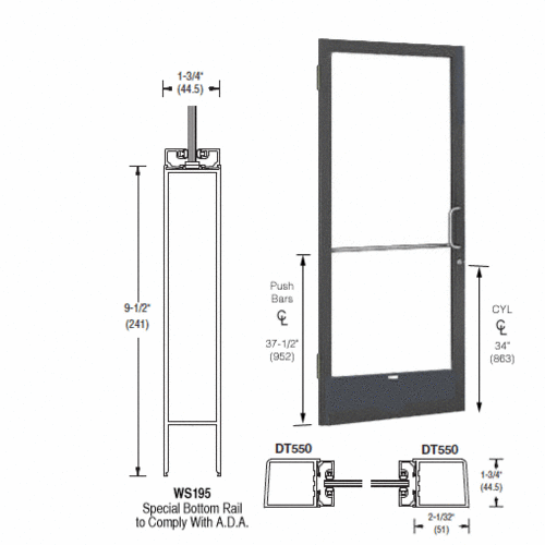 CRL-U.S. Aluminum 1DE21522R036 Bronze Black Anodized 250 Series Narrow Stile (LHR) HLSO Single 3'0 x 7'0 Offset Hung with Butt Hinges for Surf Mount Closer Complete Door Std. Lock and 9-1/2" Bottom Rail for 1" Glass with Standard MS Lock and Bottom Rail