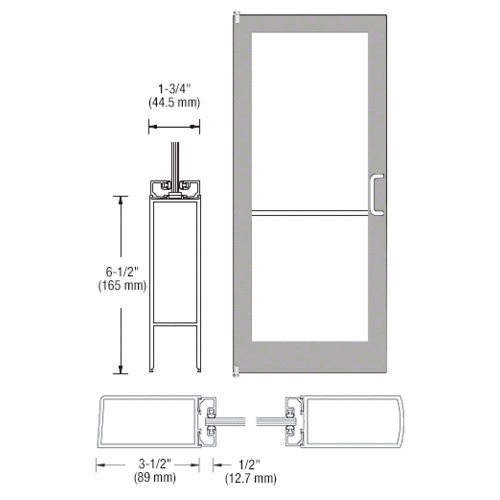 Clear Anodized 400 Series Medium Stile Inactive Leaf of Pair 3'0 x 7'0 Offset Hung with Pivots for Surf Mount Closer Complete Door for 1" Glass with Standard MS Lock and Bottom Rail