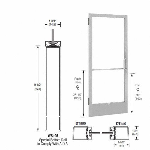 CRL-U.S. Aluminum 1DE21511R036 Clear Anodized 250 Series Narrow Stile (LHR) HLSO Single 3'0 x 7'0 Offset Hung with Butt Hinges for Surf Mount Closer Complete Door for 1" Glass with Standard MS Lock and Bottom Rail