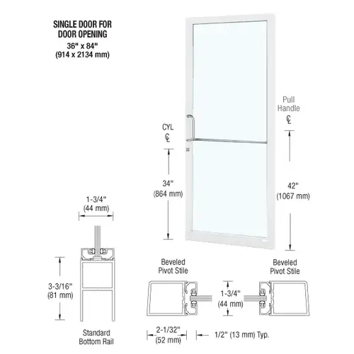 CRL-U.S. Aluminum DC21852 White KYNAR Paint Custom Single Series 250 Narrow Stile Geared Hinge Entrance Door for Surface Mount Door Closer