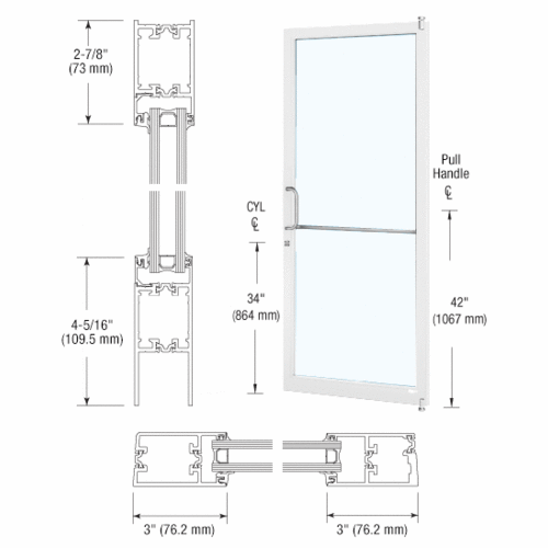 CRL-U.S. Aluminum 1D21252 White KYNAR Paint Custom Single Series 250T Narrow Stile Offset Pivot Thermal Entrance Door for Surface Mount Door Closer