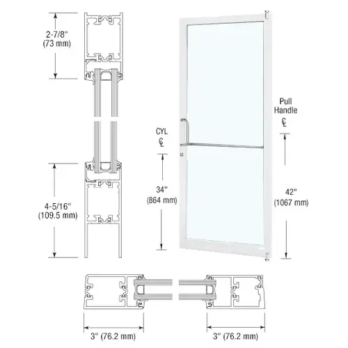 CRL-U.S. Aluminum 1D21252 White KYNAR Paint Custom Single Series 250T Narrow Stile Offset Pivot Thermal Entrance Door for Surface Mount Door Closer