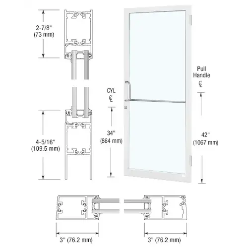 CRL-U.S. Aluminum 1D21552 White KYNAR Paint Custom Single Series 250T Narrow Stile Butt Hinge Thermal Entrance Door for Surface Mount Door Closer